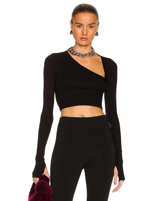 bysoca Kadın Siyah Asimetrik Yaka Uzun Kollu Parmak Geçme Detaylı İpek Jarse Crop Top