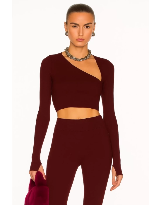 bysoca Kadın Bordo Asimetrik Yaka Uzun Kollu Parmak Geçme Detaylı İpek Jarse Crop Top