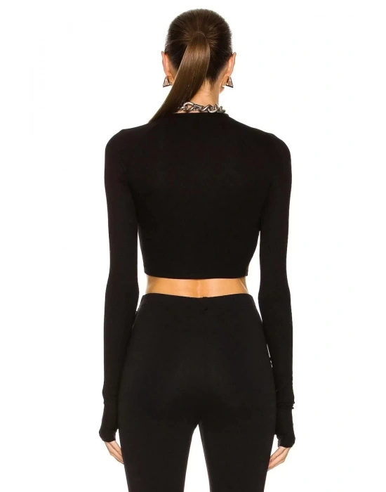 bysoca Kadın Siyah Asimetrik Yaka Uzun Kollu Parmak Geçme Detaylı İpek Jarse Crop Top