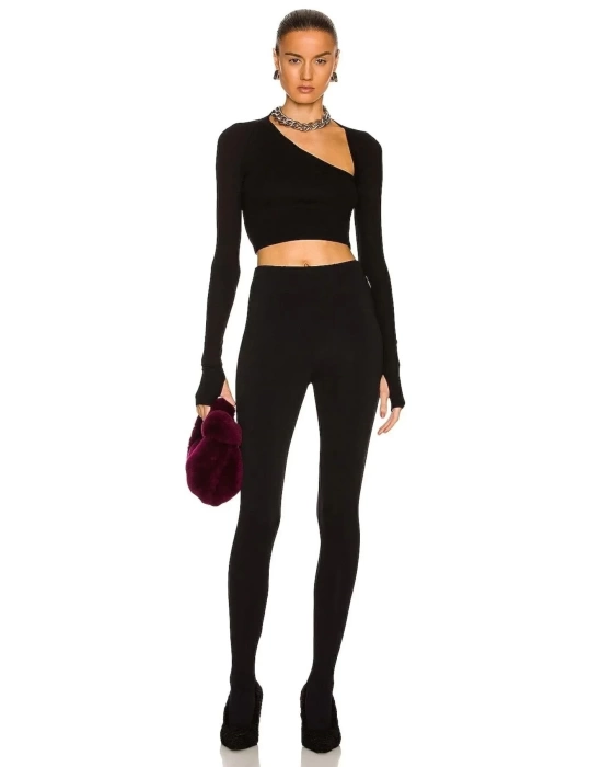 bysoca Kadın Siyah Asimetrik Yaka Uzun Kollu Parmak Geçme Detaylı İpek Jarse Crop Top
