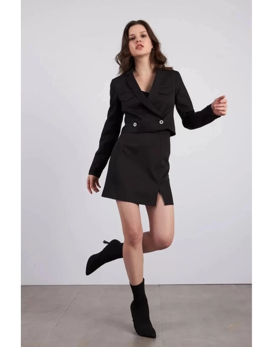 Kadın Siyah Yüksek Bel Yırtmaçlı Klasik Düz Kısa Mini Etek