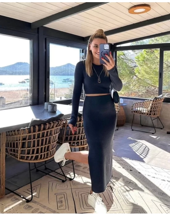Kadın Soft Kaşkorse Kumaş Bluz Ve Yırtmaç Detaylı Etek Ikili Takım