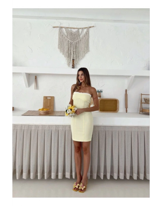 bysoca Kadın Sarı Straplez Bağcıklı Vücudu Saran Bodycon Davet & Parti Elbisesi