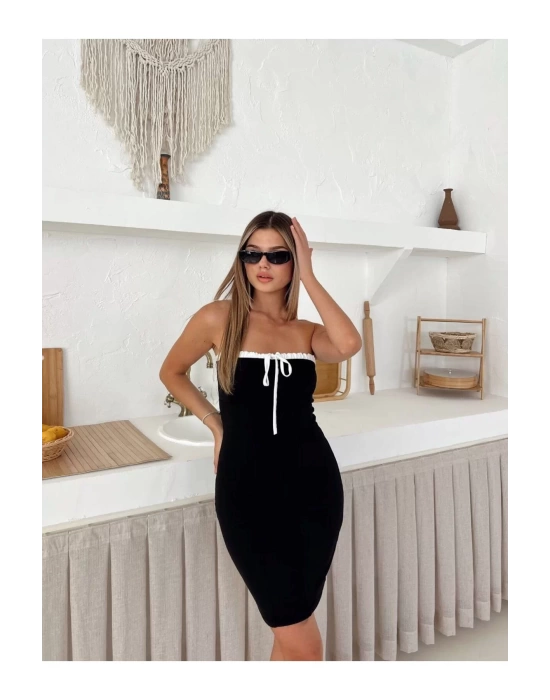 bysoca Kadın Siyah Straplez Bağcıklı Vücudu Saran Bodycon Davet & Parti Elbisesi