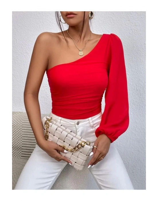 bysoca Kadın Kırmızı Tek Omuz Asimetrik Kesim Büzgülü Balon Kol Sandy Kumaş Tanga Bodysuit