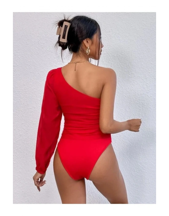 bysoca Kadın Kırmızı Tek Omuz Asimetrik Kesim Büzgülü Balon Kol Sandy Kumaş Tanga Bodysuit