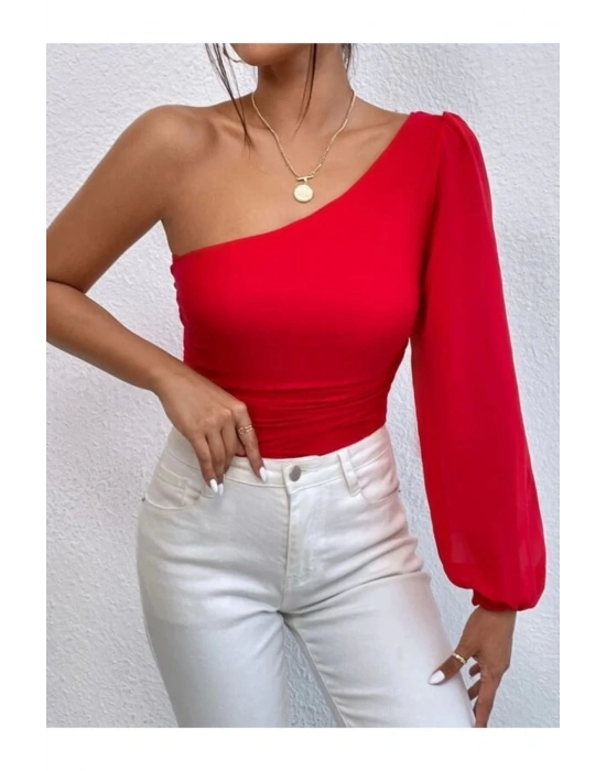 bysoca Kadın Kırmızı Tek Omuz Asimetrik Kesim Büzgülü Balon Kol Sandy Kumaş Tanga Bodysuit