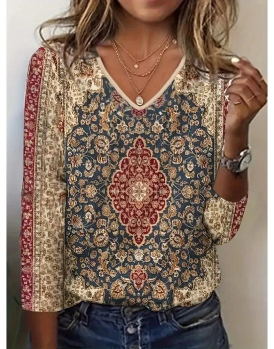 Kadın Truvakar  Kollu V Yakalı Etnik Desenli Süprem Bluz