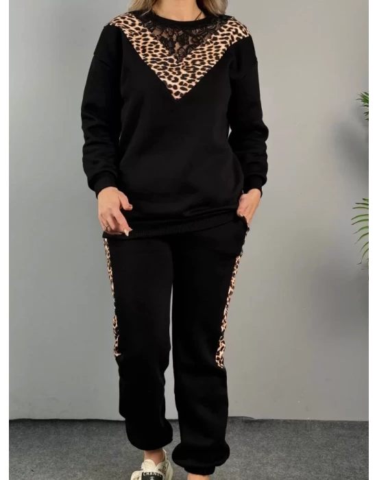 Kadın üç Iplik Kumaş Leopar Desenli Dantel Detaylı Ikili Takım