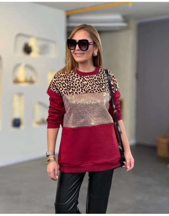 Kadın üç Iplik şardonlu Kumaş Leopar Desenli Bluz