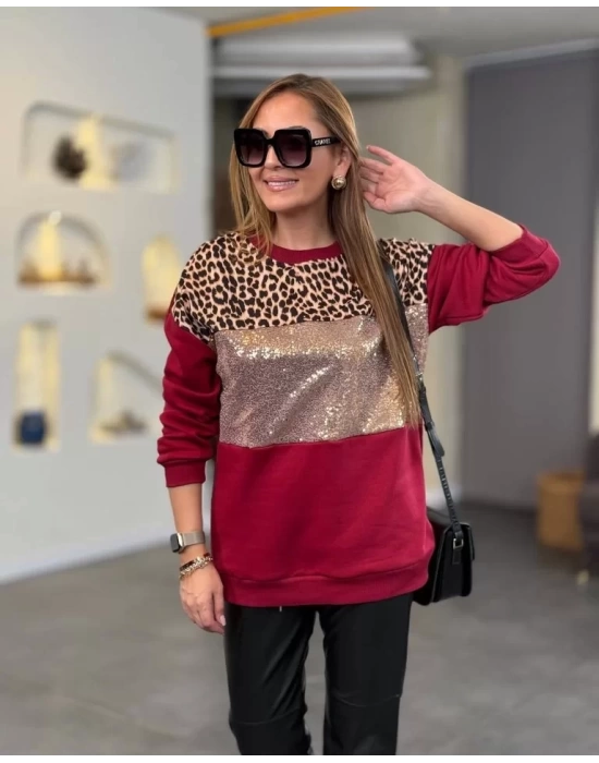 Kadın üç Iplik şardonlu Kumaş Leopar Desenli Bluz