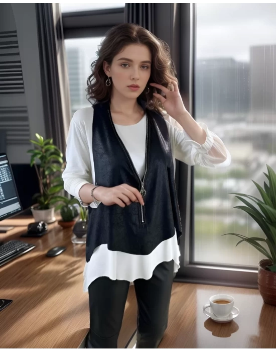 Kadın Uzun Kol Asimetrik Kesim Viskon Bluz Ve çatlak Deri Görünümlü Fermuar Detaylı Yelek Ikili Takım
