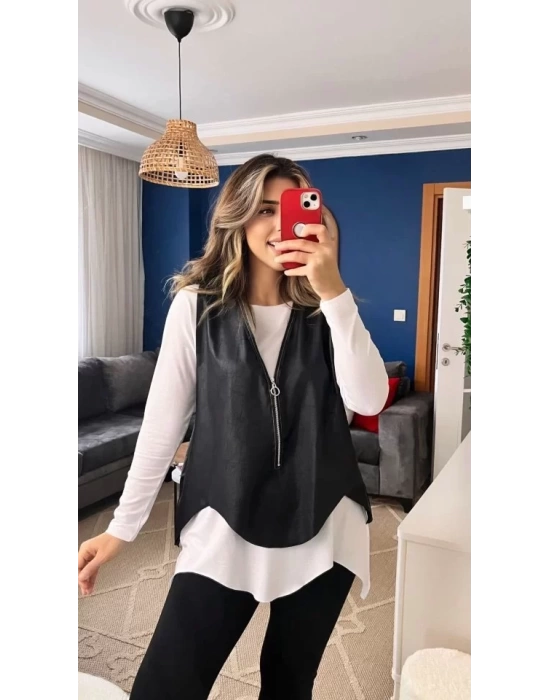 Kadın Uzun Kol Asimetrik Kesim Viskon Bluz Ve çatlak Deri Görünümlü Fermuar Detaylı Yelek Ikili Takım