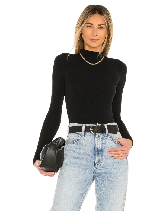 bysoca Kadın Siyah Yarım Balıkçı Yaka Uzun Kollu Vücudu Saran Jarse Tanga Basic Bodysuit