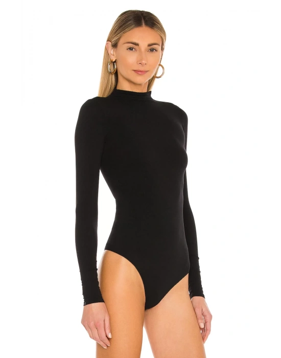 bysoca Kadın Siyah Yarım Balıkçı Yaka Uzun Kollu Vücudu Saran Jarse Tanga Basic Bodysuit