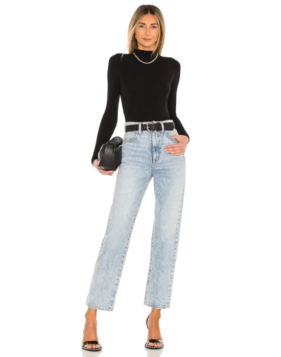 bysoca Kadın Siyah Yarım Balıkçı Yaka Uzun Kollu Vücudu Saran Jarse Tanga Basic Bodysuit