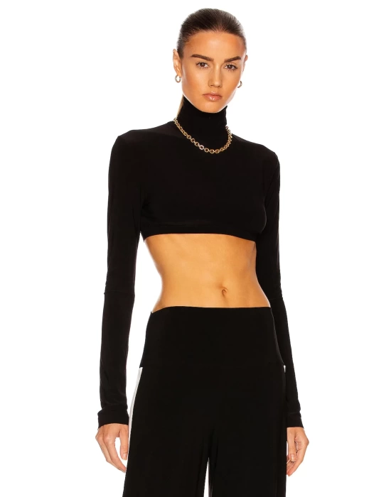 bysoca Kadın Siyah Balıkçı Yaka Uzun Kollu Vücudu Saran Jarse Süper Crop Top