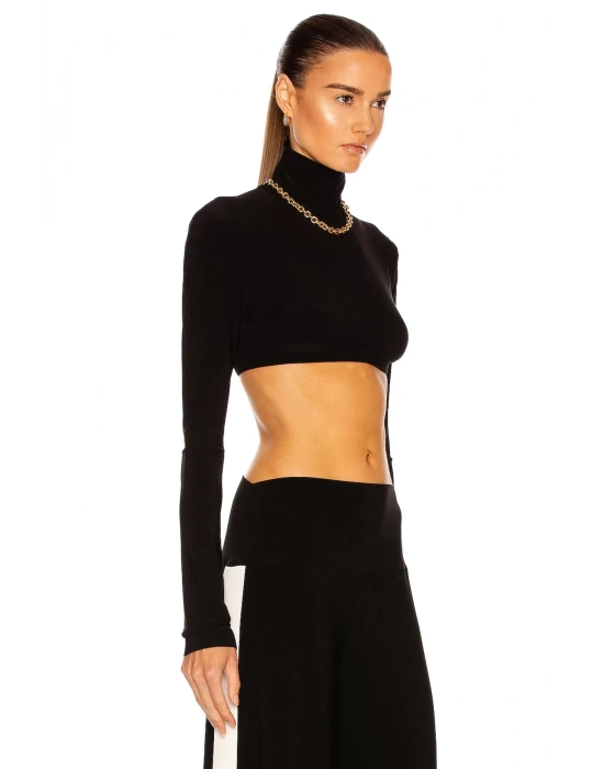 bysoca Kadın Siyah Balıkçı Yaka Uzun Kollu Vücudu Saran Jarse Süper Crop Top