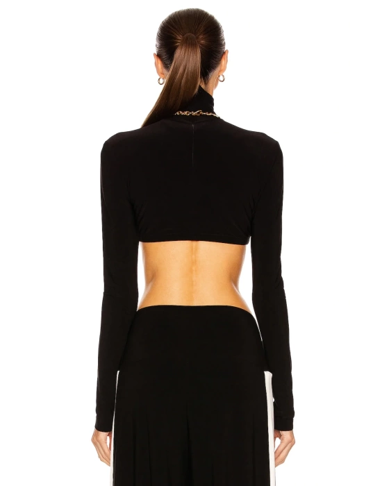 bysoca Kadın Siyah Balıkçı Yaka Uzun Kollu Vücudu Saran Jarse Süper Crop Top