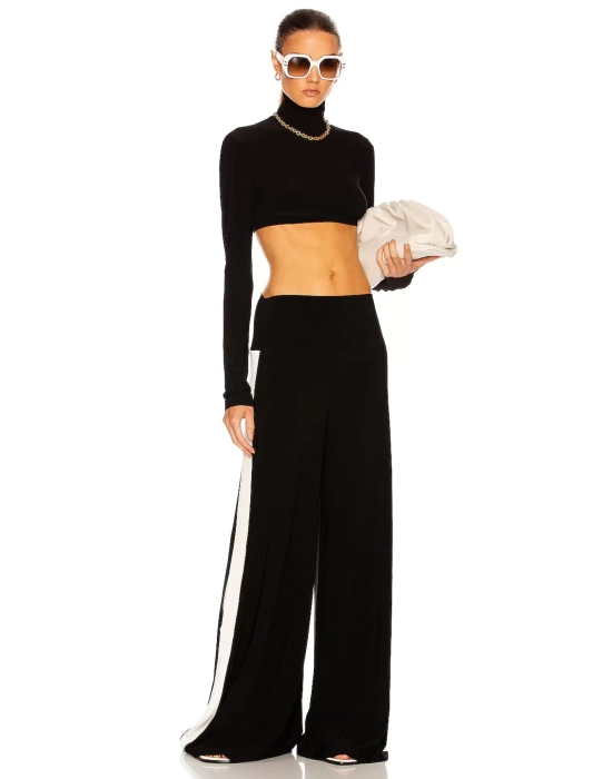 bysoca Kadın Siyah Balıkçı Yaka Uzun Kollu Vücudu Saran Jarse Süper Crop Top