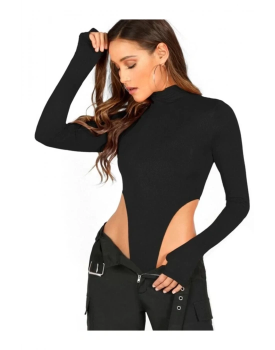 bysoca Kadın Siyah Balıkçı Yaka Uzun Kollu Parmak Geçmeli Fitilli Yanı Yüksek Kesim Tanga Bodysuit