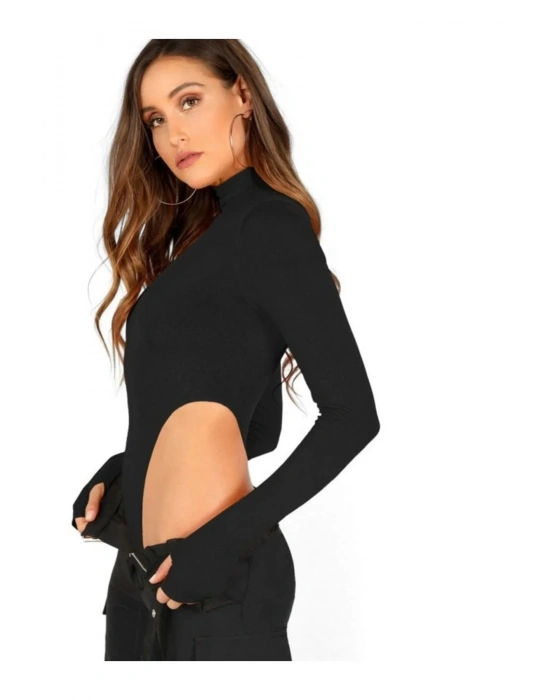 bysoca Kadın Siyah Balıkçı Yaka Uzun Kollu Parmak Geçmeli Fitilli Yanı Yüksek Kesim Tanga Bodysuit