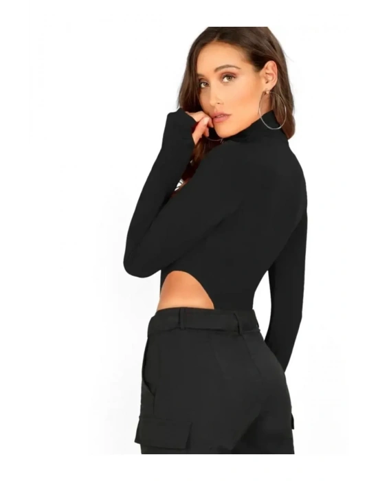bysoca Kadın Siyah Balıkçı Yaka Uzun Kollu Parmak Geçmeli Fitilli Yanı Yüksek Kesim Tanga Bodysuit
