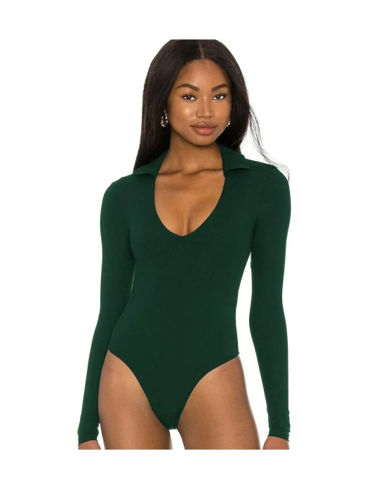 bysoca Kadın Koyu Yeşil Gömlek Yaka V Yaka Uzun Kollu Fitilli Kaşkorse Tanga Bodysuit