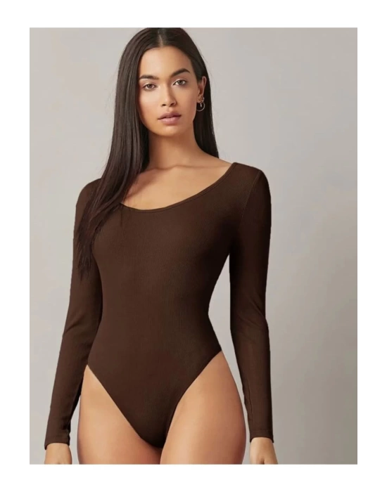 bysoca Kadın Kahverengi Geniş U Yaka Uzun Kollu Fitilli Kaşkorse Vücudu Saran Tanga Basic Bodysuit