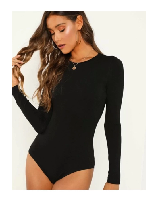 bysoca Kadın Siyah Geniş U Yaka Uzun Kollu Vücudu Saran Sandy Kumaş Tanga Basic Bodysuit