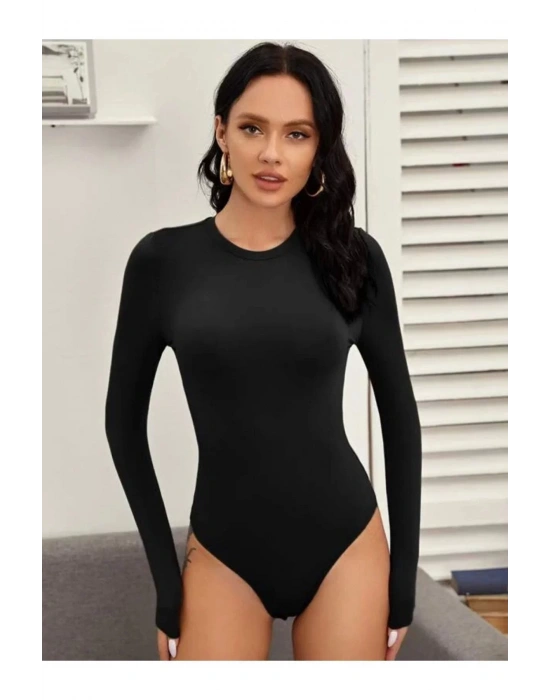 bysoca Kadın Siyah Uzun Kollu Bisiklet Yaka Vücudu Saran Sandy Kumaş Tanga Basic Bodysuit