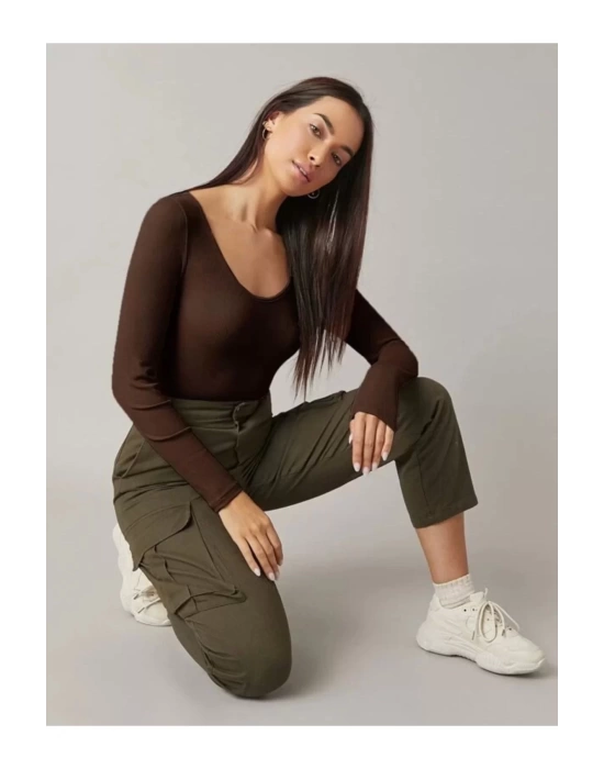 bysoca Kadın Kahverengi Geniş U Yaka Uzun Kollu Fitilli Kaşkorse Vücudu Saran Tanga Basic Bodysuit