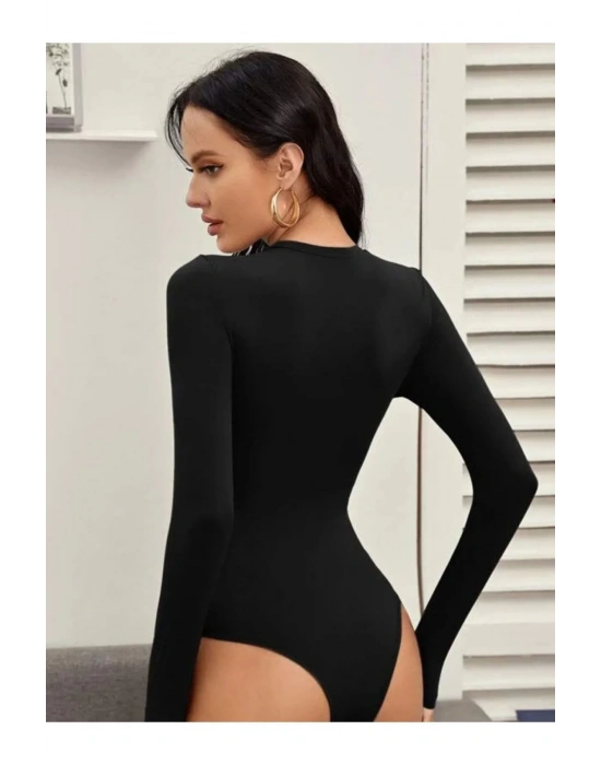 bysoca Kadın Siyah Uzun Kollu Bisiklet Yaka Vücudu Saran Sandy Kumaş Tanga Basic Bodysuit