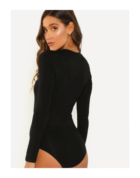 bysoca Kadın Siyah Geniş U Yaka Uzun Kollu Vücudu Saran Sandy Kumaş Tanga Basic Bodysuit