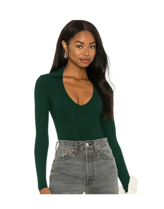 bysoca Kadın Koyu Yeşil Gömlek Yaka V Yaka Uzun Kollu Fitilli Kaşkorse Tanga Bodysuit