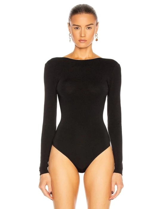 bysoca Kadın Siyah Sırt Dekolteli Kayık Yaka Uzun Kollu İpek Jarse Tanga Bodysuit
