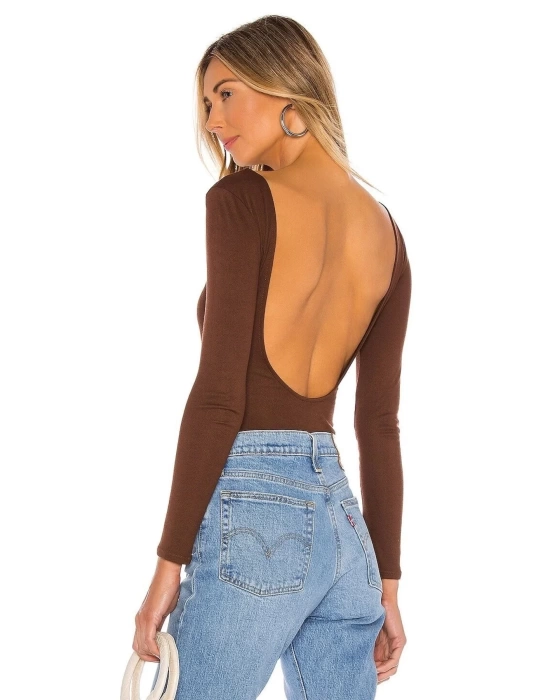 bysoca Kadın Kahverengi Sırt Dekolteli Kayık Yaka Uzun Kollu İpek Jarse Bodysuit