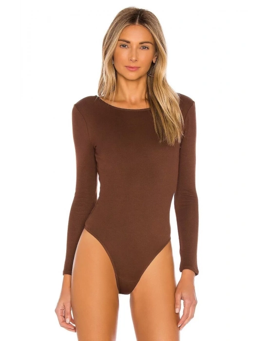 bysoca Kadın Kahverengi Sırt Dekolteli Kayık Yaka Uzun Kollu İpek Jarse Bodysuit