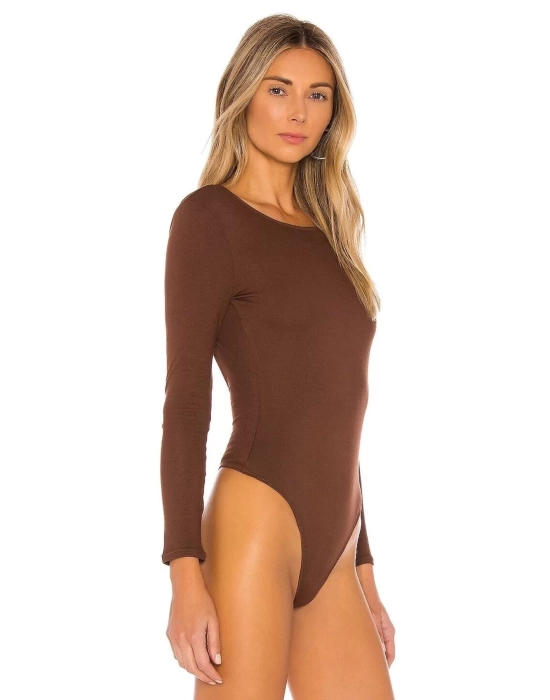 bysoca Kadın Kahverengi Sırt Dekolteli Kayık Yaka Uzun Kollu İpek Jarse Bodysuit
