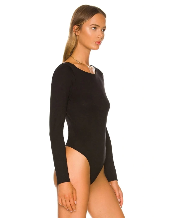 bysoca Kadın Siyah Sırt Dekolteli Kayık Yaka Uzun Kollu İpek Jarse Bodysuit