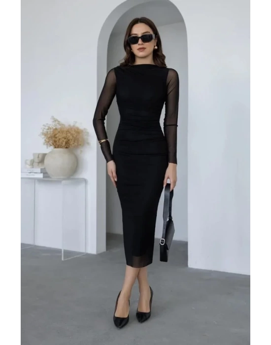 Kadın Uzun Kol Tül Drapeli Midi Boy Elbise