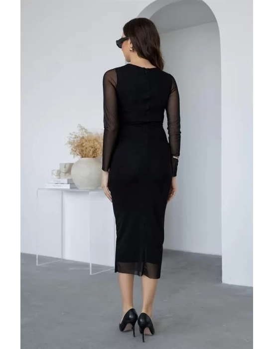 Kadın Uzun Kol Tül Drapeli Midi Boy Elbise