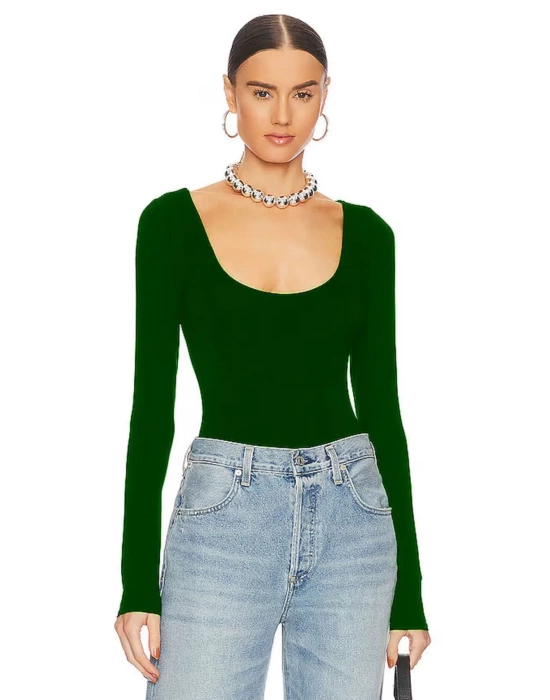 bysoca Kadın Zümrüt Yeşili U Yaka Uzun Kollu İpek Jarse Vücudu Saran Basic Bodysuit