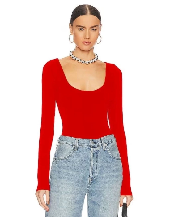 bysoca Kadın Kırmızı U Yaka Uzun Kollu İpek Jarse Vücudu Saran Basic Bodysuit