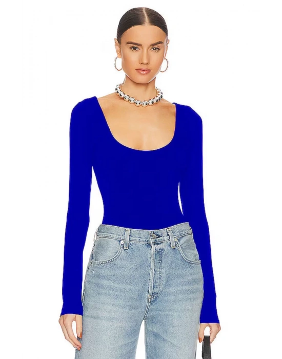 bysoca Kadın Saks Mavisi U Yaka Uzun Kollu İpek Jarse Vücudu Saran Basic Bodysuit