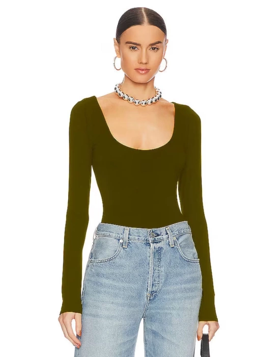 bysoca Kadın Kahverengi U Yaka Uzun Kollu İpek Jarse Vücudu Saran Basic Bodysuit