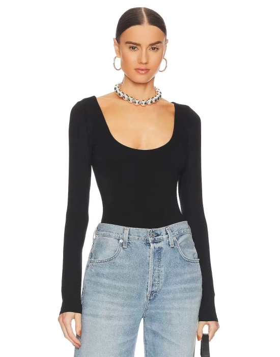 bysoca Kadın Siyah U Yaka Uzun Kollu İpek Jarse Vücudu Saran Basic Bodysuit