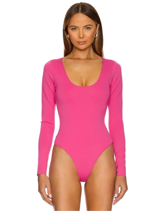 bysoca Kadın Pembe U Yaka Uzun Kollu İpek Jarse Vücudu Saran Basic Bodysuit