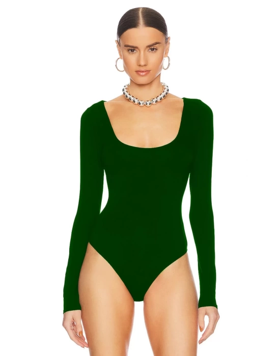 bysoca Kadın Zümrüt Yeşili U Yaka Uzun Kollu İpek Jarse Vücudu Saran Basic Bodysuit