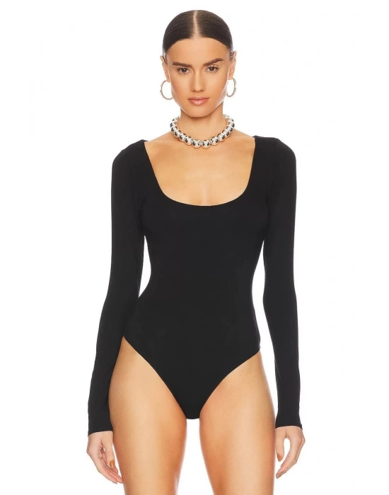 bysoca Kadın Siyah U Yaka Uzun Kollu İpek Jarse Vücudu Saran Basic Bodysuit